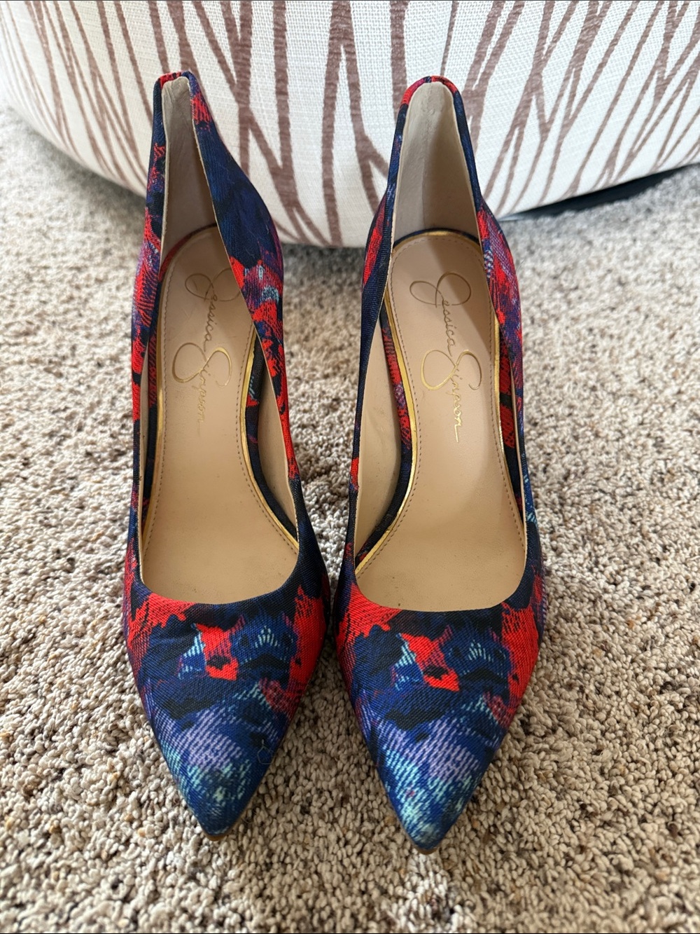 Jessica Simpson Red and Navy Floral Pointed-Toe Heels